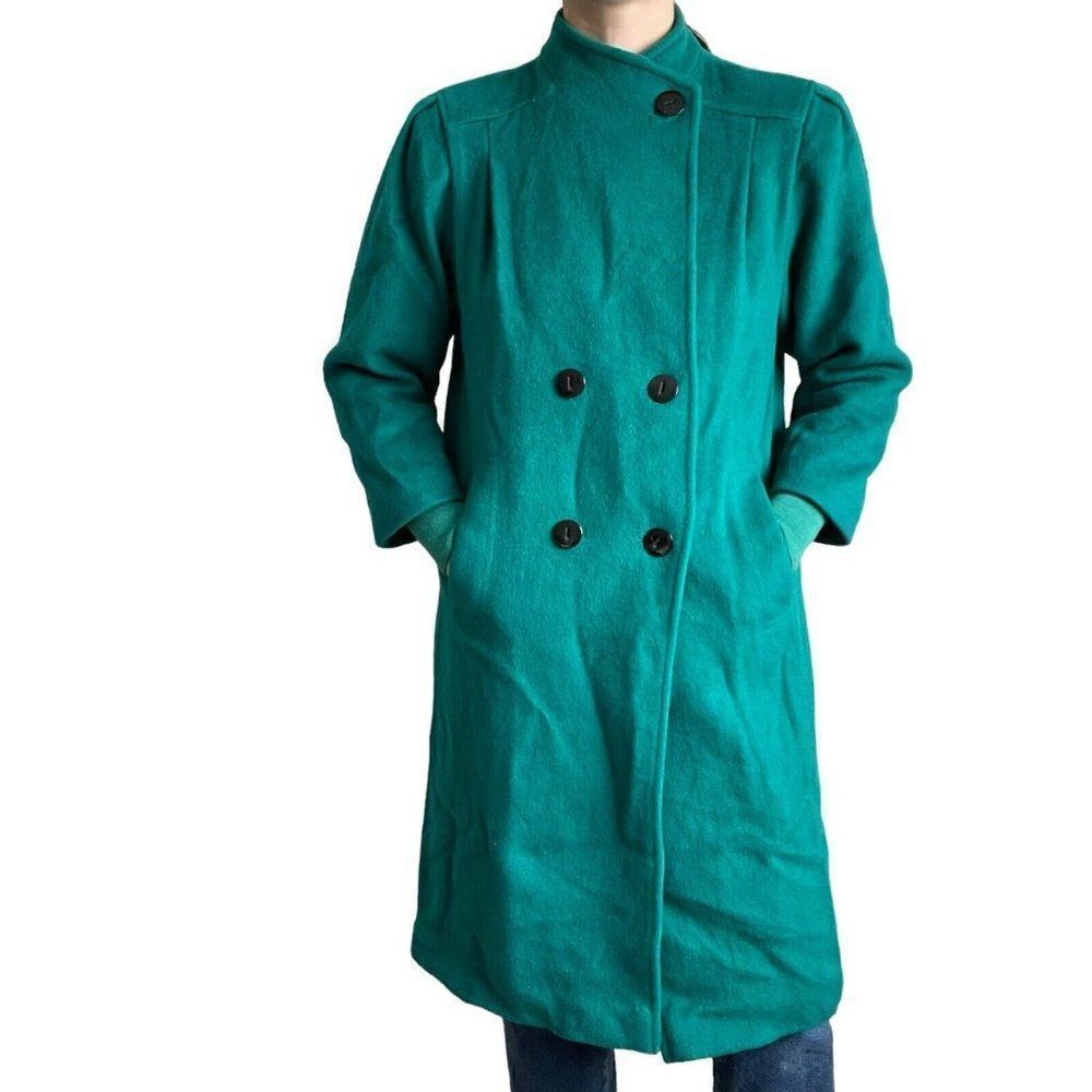Vintage 80s Womens Green 100% Wool Retro Long Double Breasted Trench Coat Sz M